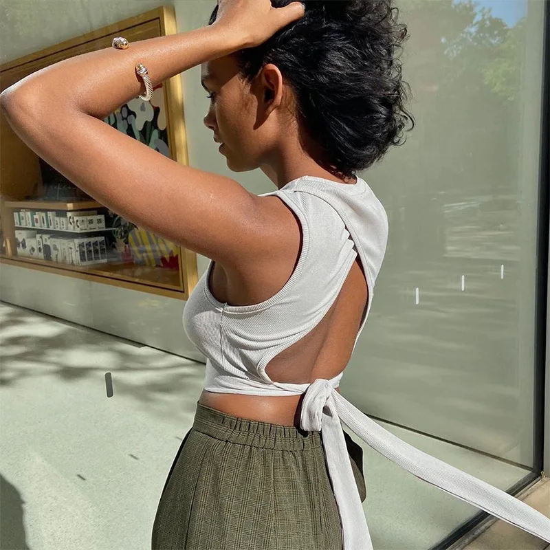 

Sexy Backless Crop Tops Back Bandage Ribbed Streetwear Knitted Slim Tank Tops Women Purple Black Clothes Criss Cross Top Vest
