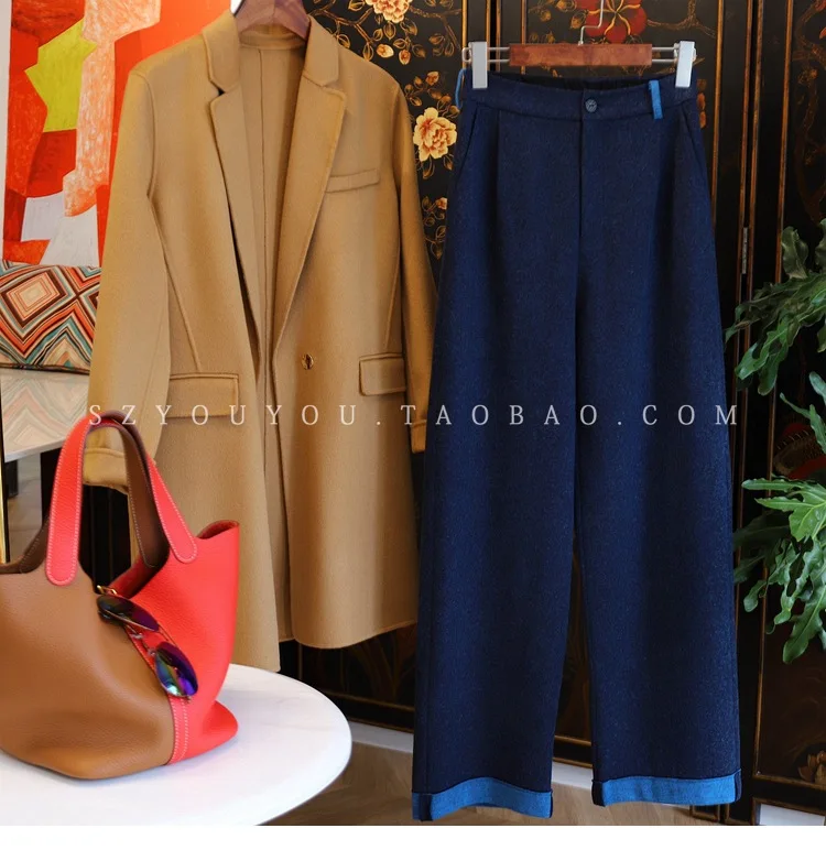 

Contrasting Wool Straight Leg Wide-leg Pants Ladies 2020 New Temperament Trousers