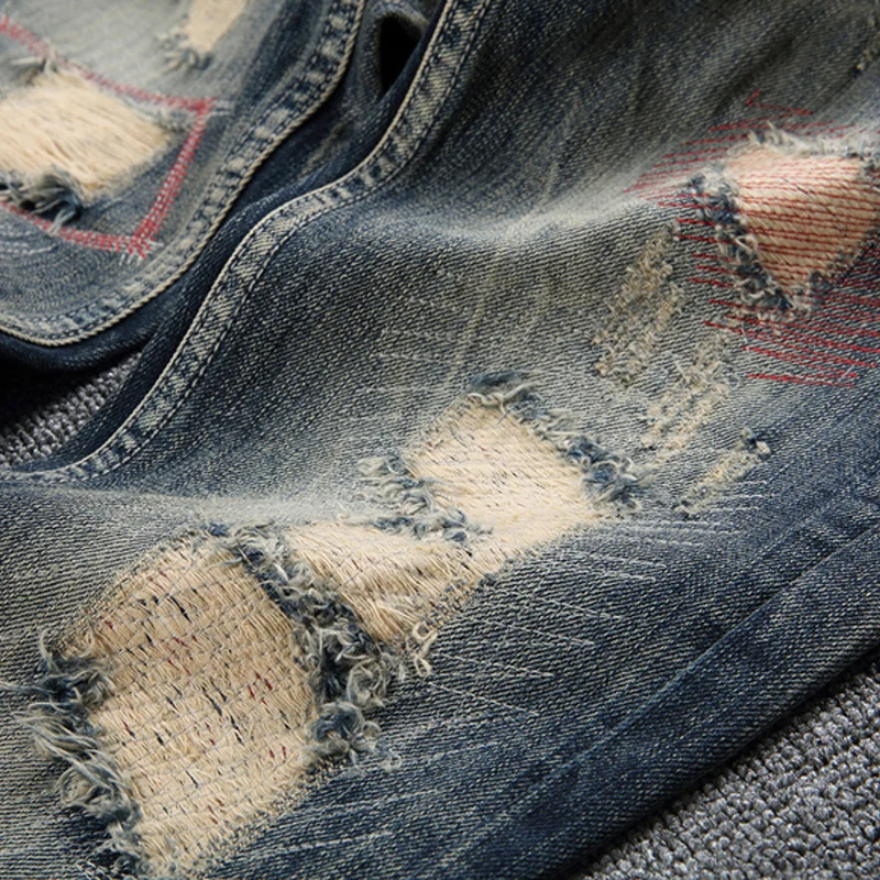 European Street Fashion Men Jeans High Quality Retro Destroyed Slim Fit Ripped Jeans Men Embroidery Designer Denim Punk Pants