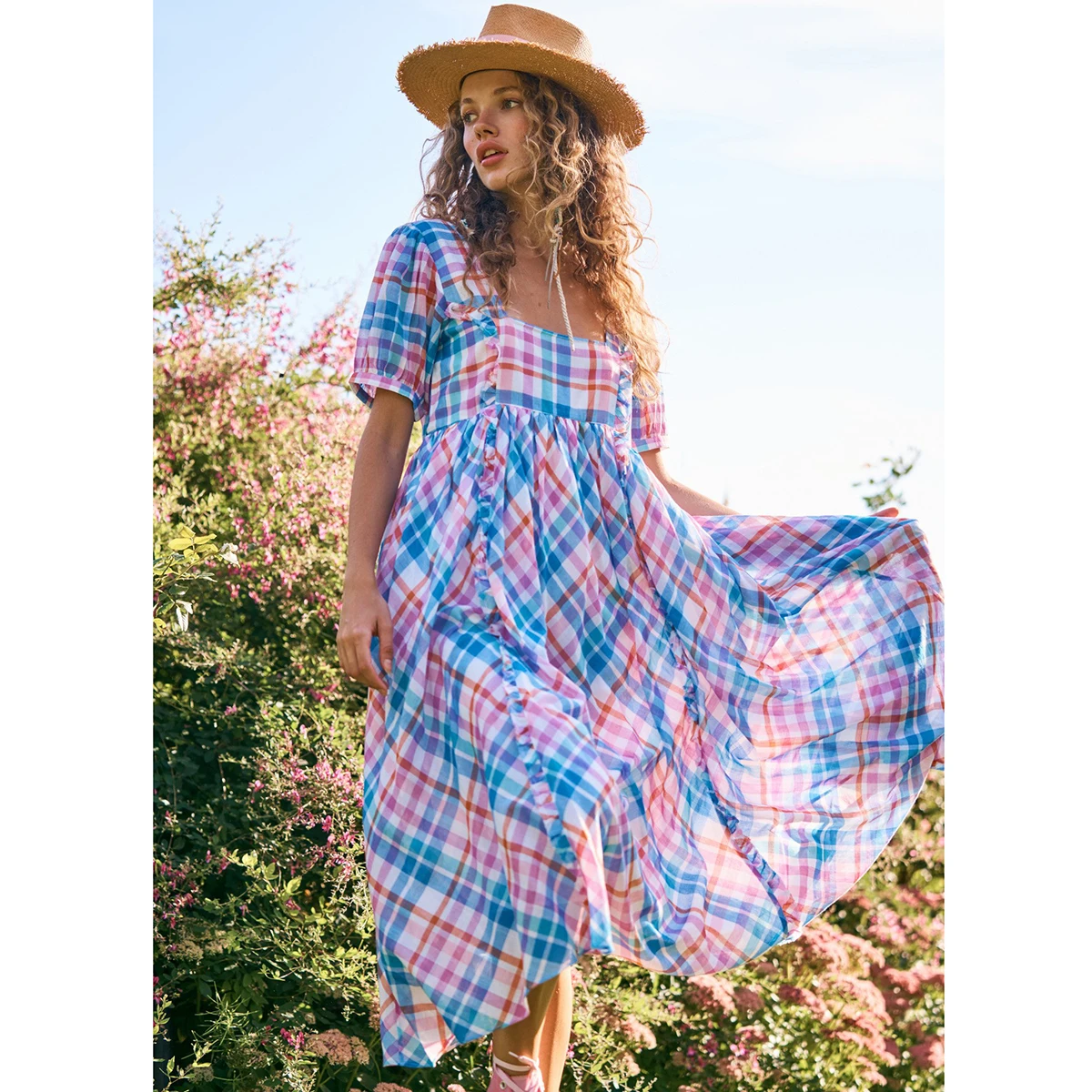 

Jastie 2022 New Summer Women Dresses Plaid Pattern Square Neck Lantern Sleeve Short Sleeve Maxi Dress Bohemian Beach Party Dress