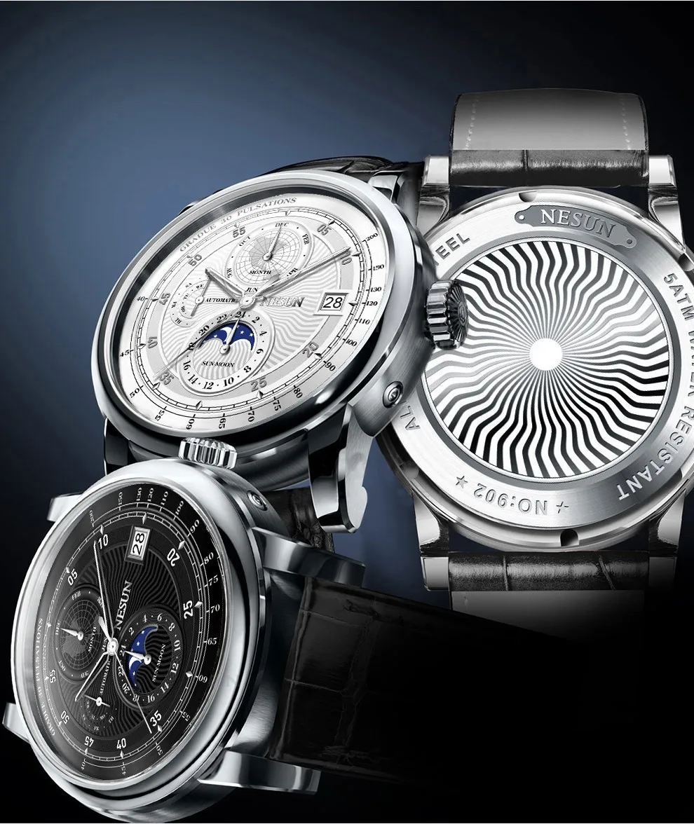 Швейцария NESUN мужской роскошный бренд часов Moon Phase авто механические мужские наручные часы Сапфировая кожа Relogio часы N9022-3