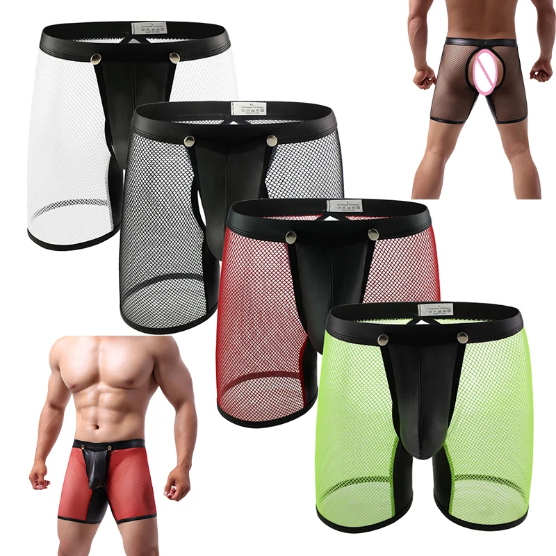 

Men Sexy Boxers Open Crotch Breathable Mesh PU Splicing Lingerie Boxer Shorts Transparent Men Underpants Fishnet Shorts Seamless
