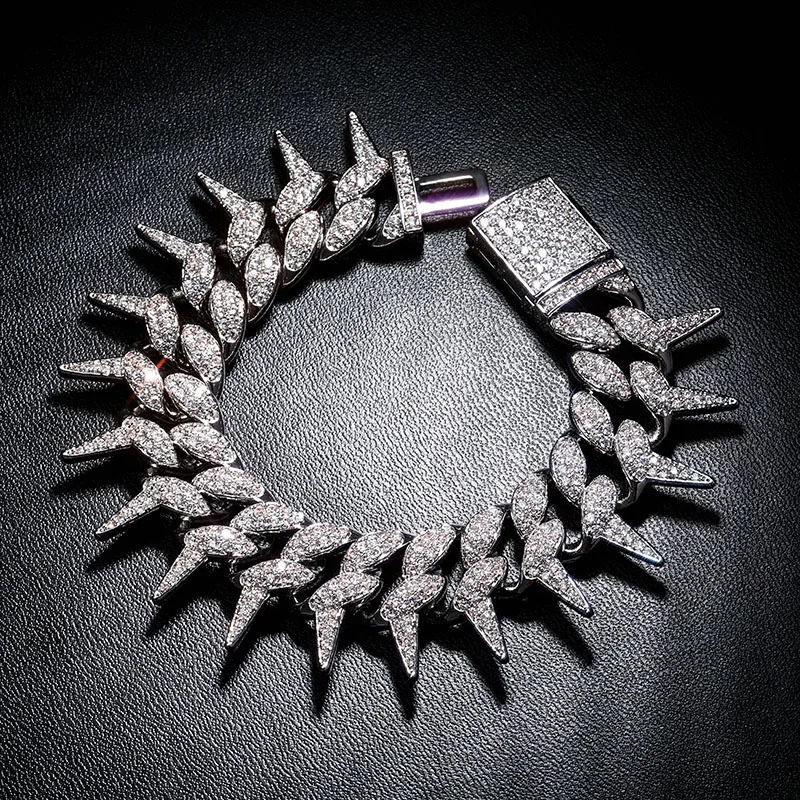

1 HIP Hop Claw Setting AAA+ CZ Stone Solid Rivet Spike Thorns Cuban Miami Link Chain Bracelets Bangles for Men Rapper Jewelry