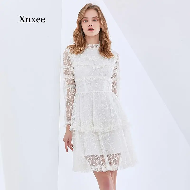 

Elegant Stand Collar Patchwork Ruffle Mesh Short Dress Women Long Sleeve High Waist Lace Spring Dresses Female Fashion Clothing