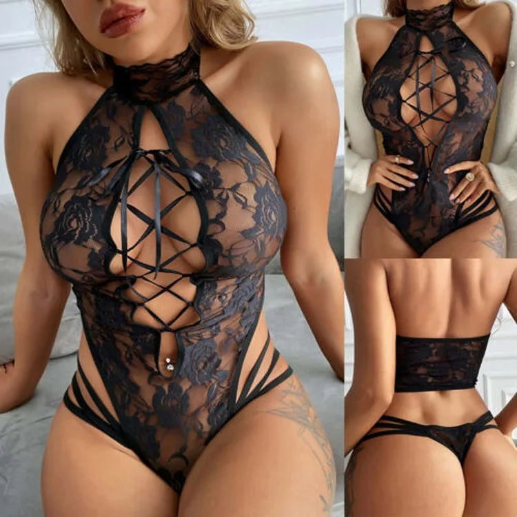 

European and American new sexy underwear sexy lace hollowed out bandage perspective cat girl Jumpsuit sexy suit