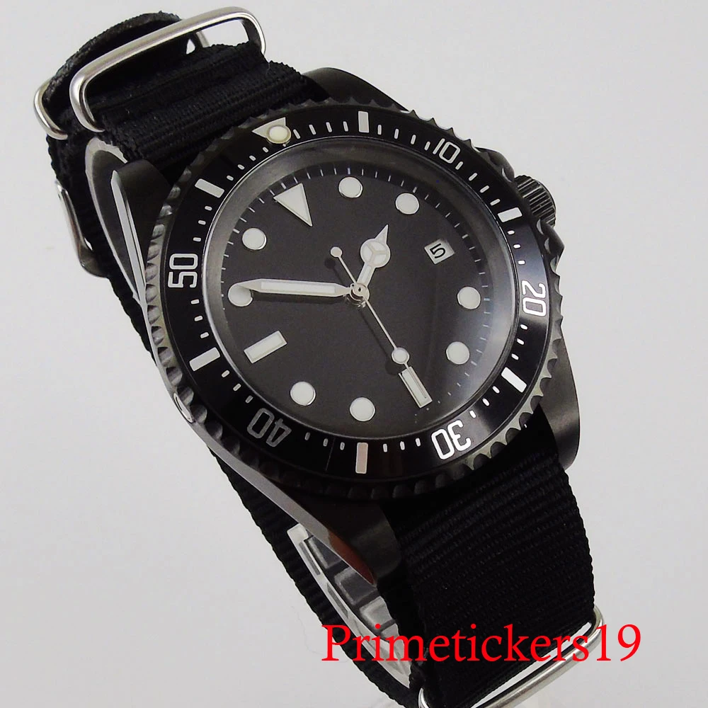 

parnis black sterile men watch 42mm automatic simple luminous hand auto date round nylon band mechanical wristwatch