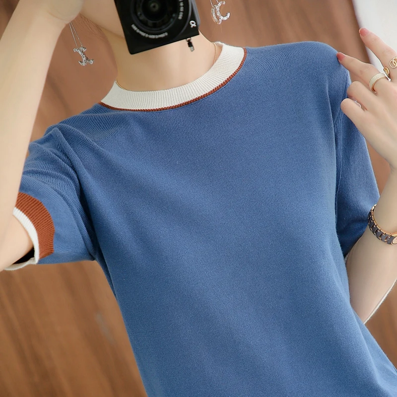 

Летние футболки, женские повседневные универсальные топы из чистого хлопка с круглым вырезом и коротким рукавом, женские трикотажные цветн...