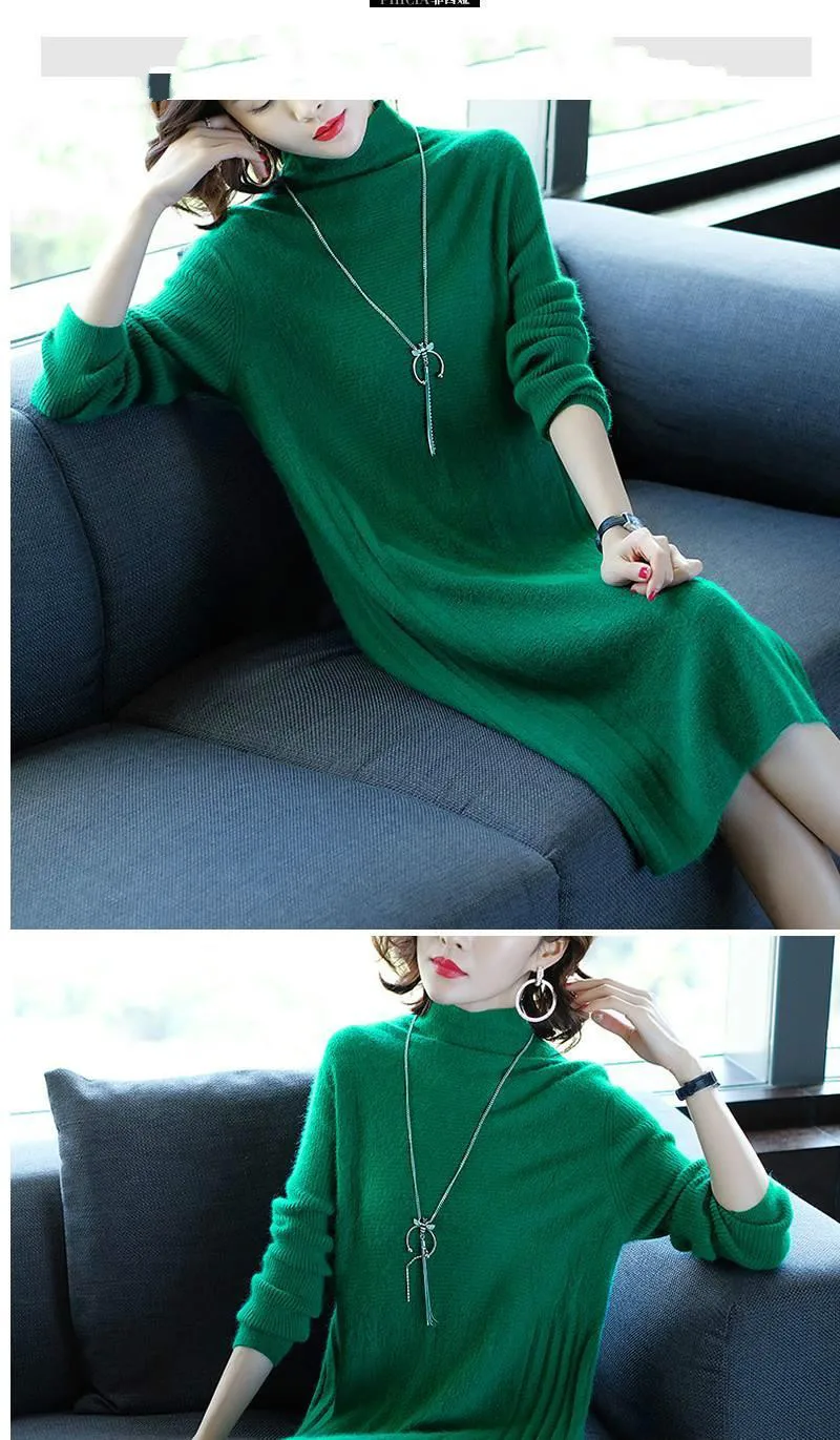 

Women Autumn Knitted Knee-Length Dresses Female Turtleneck Solid Long Sleeve Sweater Dress Ladies A-line Elegant Dress P125