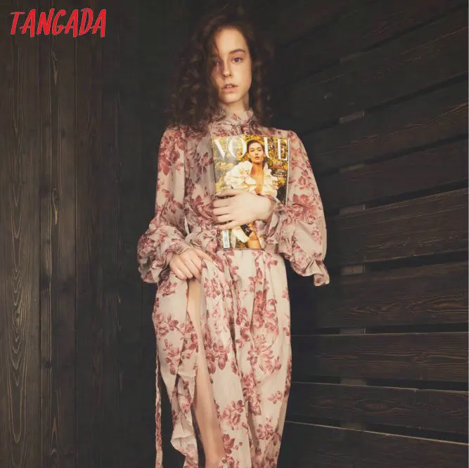 Tangada платье с цветами романтичное платье женственное платье шифоновое платье длинное платье платье с длинным рукавом платье миди платье ниже колена платье с длинный рукавом цветочный принт цветы 5D25