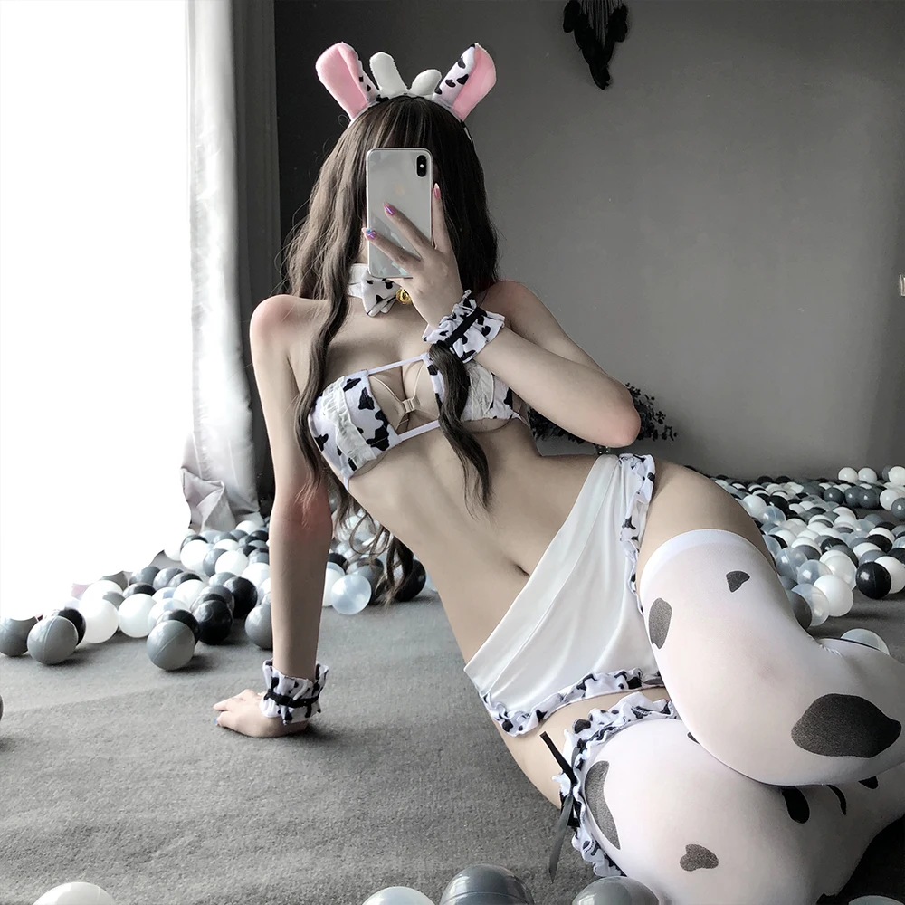 

Japanese Cute Cow Cosplay Costumes Sexy Maid Apron Lingerie Anime Girls Erotic Underwear Lolita Bra and Panty Set Stockings