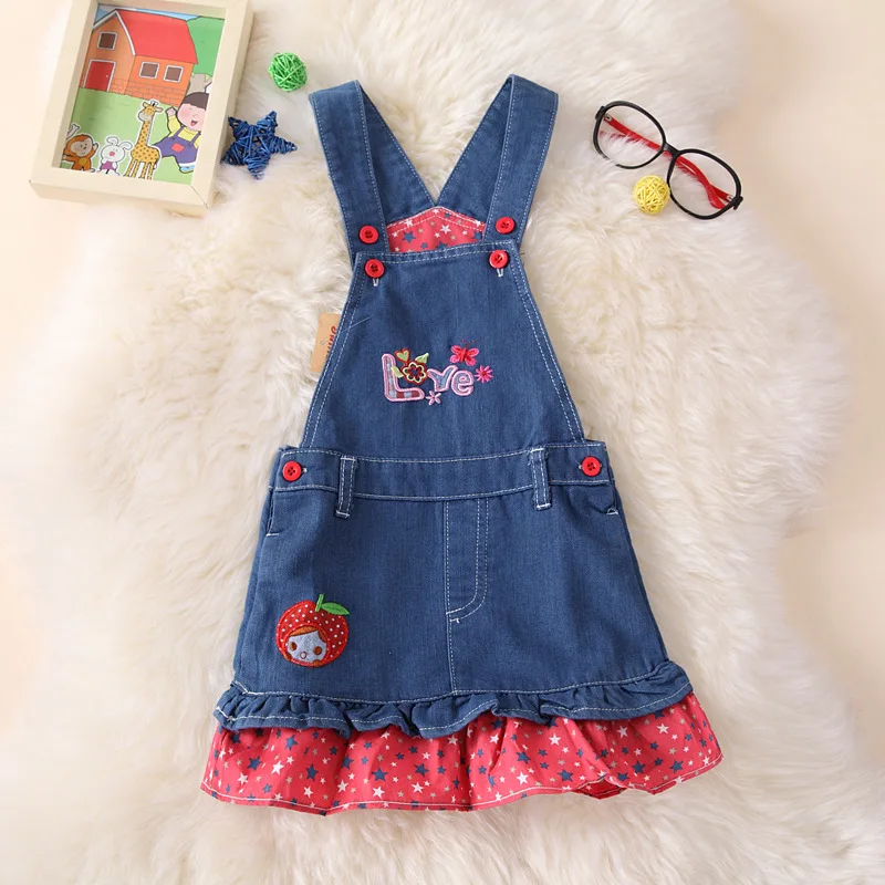 

spring Autumn Girls Denim Sundress Girls embroidery Sundress Kids Suspender Denim dress Child Casual Sundress All match