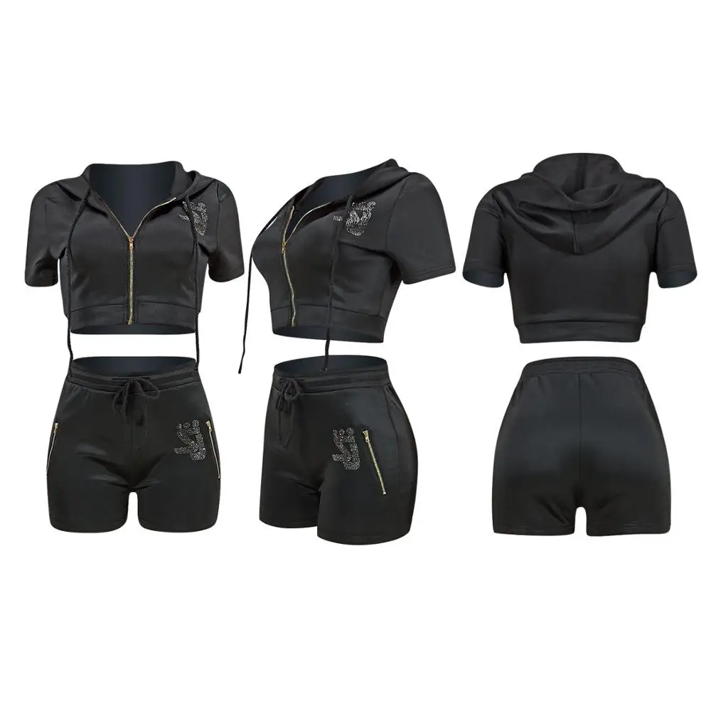 

European and American leisure solid color sports two piece fashion zipper hooded short sleeve and shorts women's suit