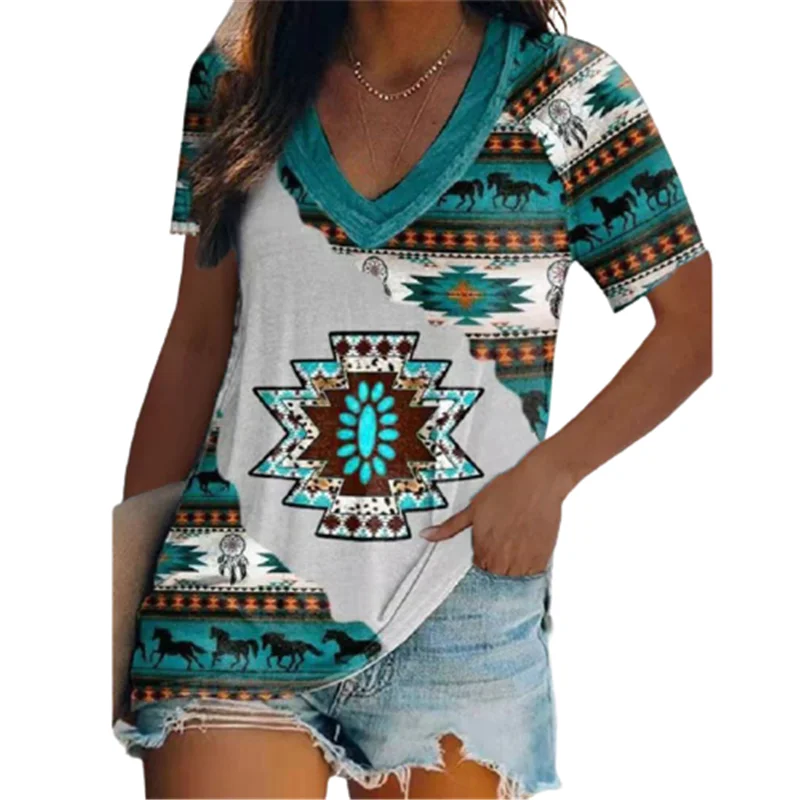 

Folk Vintage Geometric Printing Women Blouses 2022 New Summer Woman Shirts Tops Casual Short Sleeve V-Neck Loose Female Tops