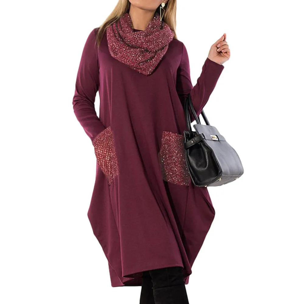 Женское Повседневное платье оверсайз на осень и зиму шарф с пайетками воротником