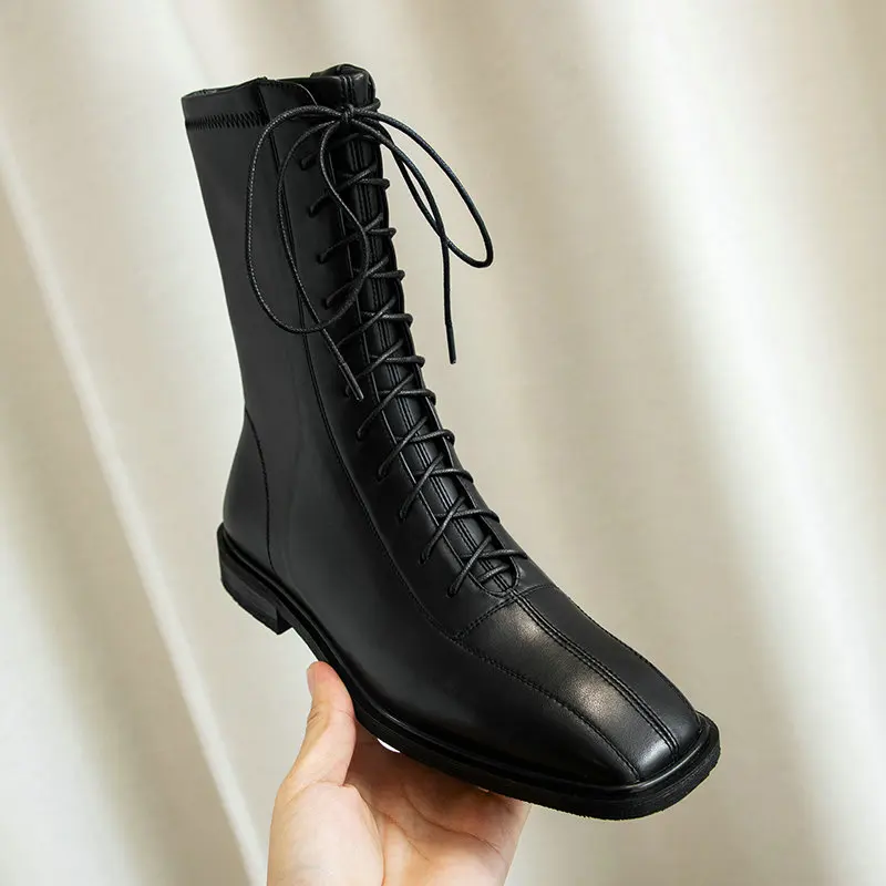 ESVEVA 2021 Lace Up Square Heel Leather+PU All Match Ankle Boots Platform Women Toe Shoes Size 34-39 | Обувь