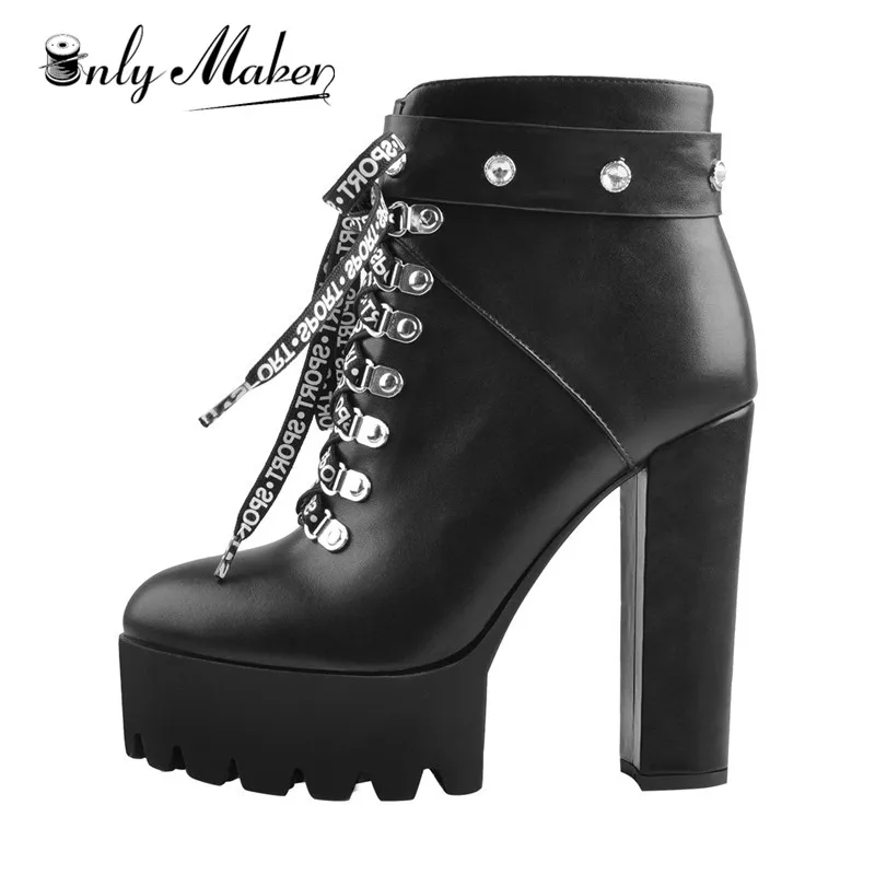 Onlymaker Women's  Platform Round Toe Ankle Booties13~14CM High Heel Alphabet Lace Up Black  Boots  Plus Size