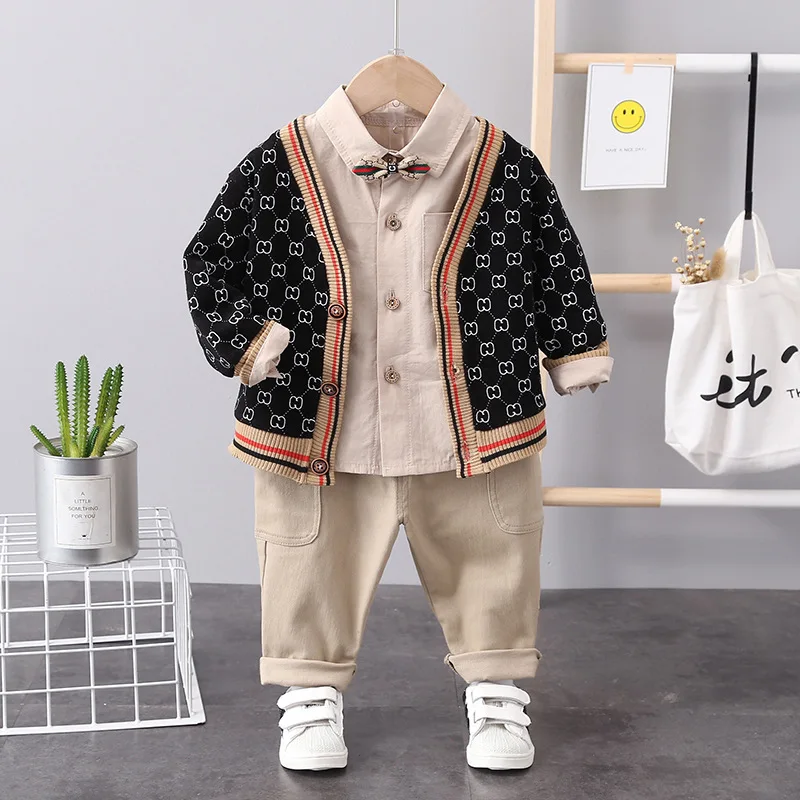 Ropa Infantil para ni&ntilde;o, traje de primavera para ni&ntilde;o peque&ntilde;o, ropa de primavera y oto&ntilde;o para beb&eacute;, c&aacute;rdigan de punto guapo, traje de tres piezas-3