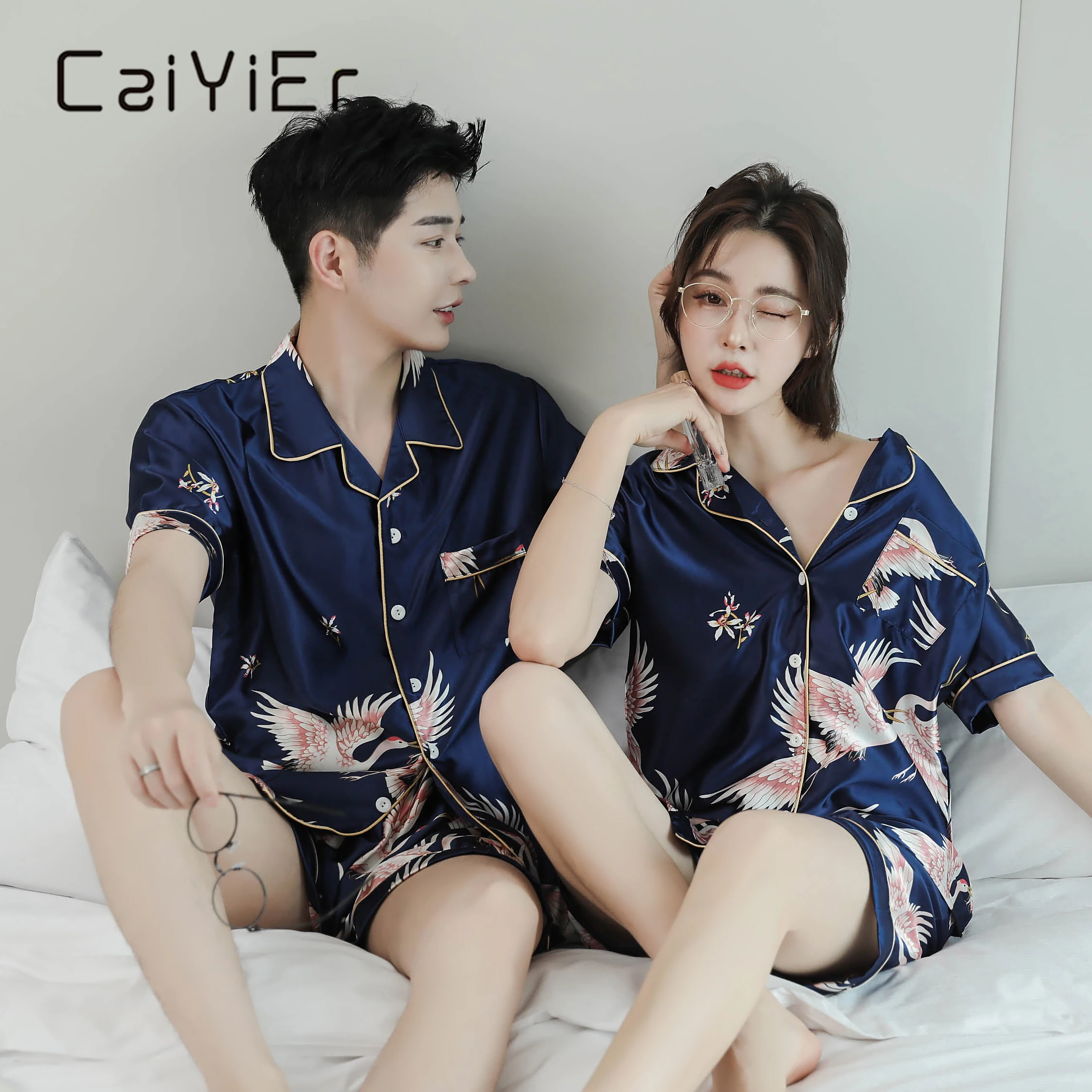CAIYIER Sexy Silk Couple Pajamas Set Fly Crane Print Women Men Short Sleeve Sleepwear Summer Nightwear Homewear Big Size M-5XL