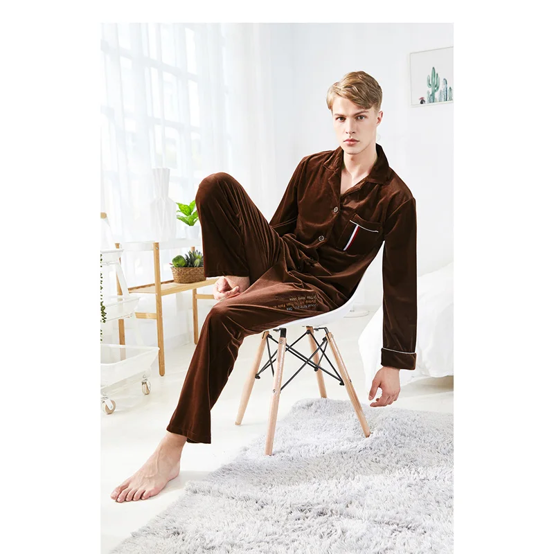 Мужская пижама Золотая Бархатная с длинным топом и длинными штанами эластичной