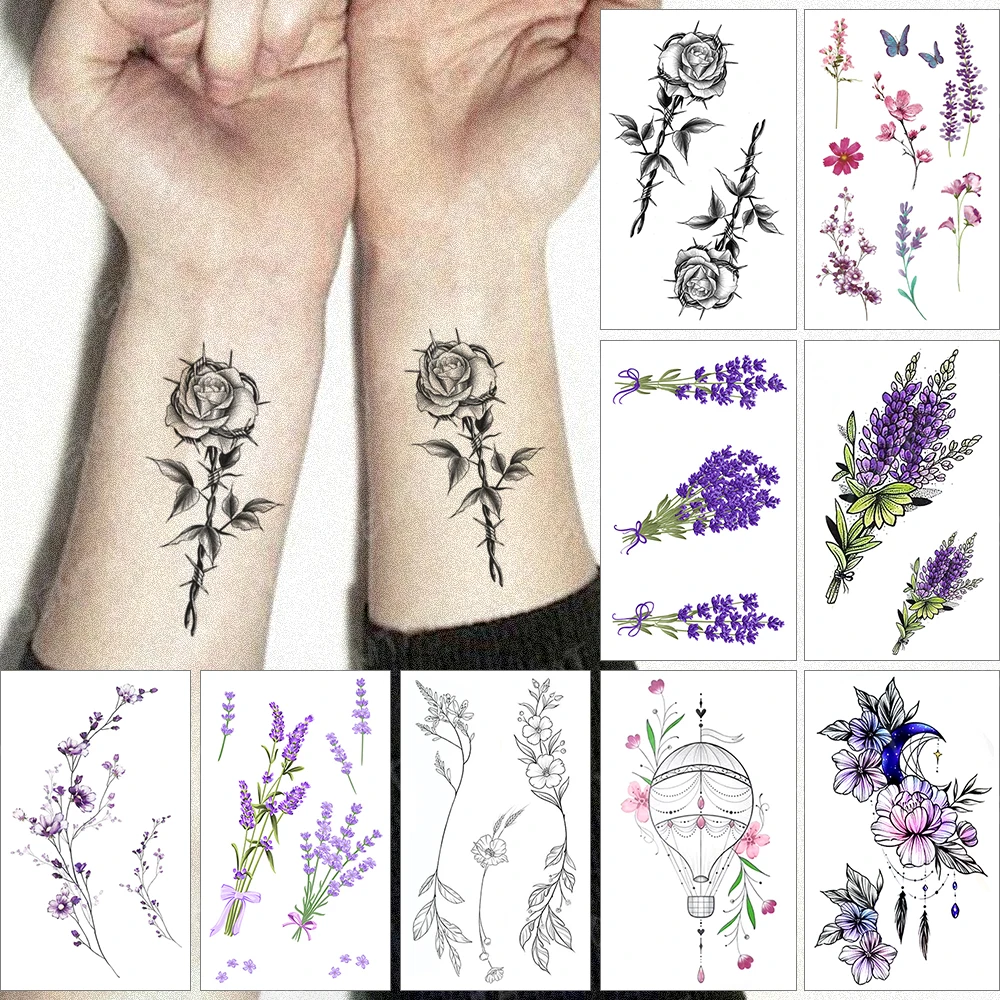 

Waterproof Temporary Tattoo Sticker Dark Thorns Rose Flash Tatoo Lavender Flowers Arm Wrist Fake Tatto For Body Art Women Men