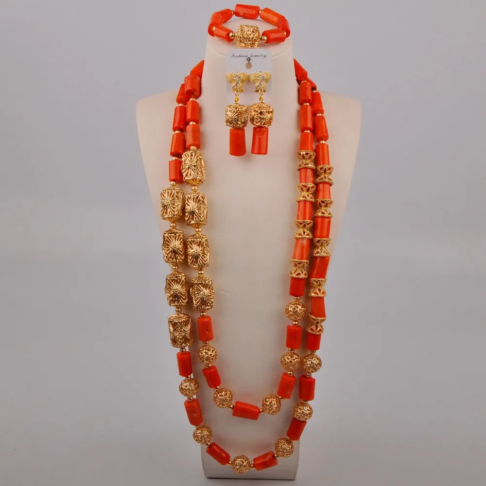

Nigerian Women's Jewelry Orange Natural Coral Bead Necklace African Wedding Bride Wedding Jewelry Set AU-456
