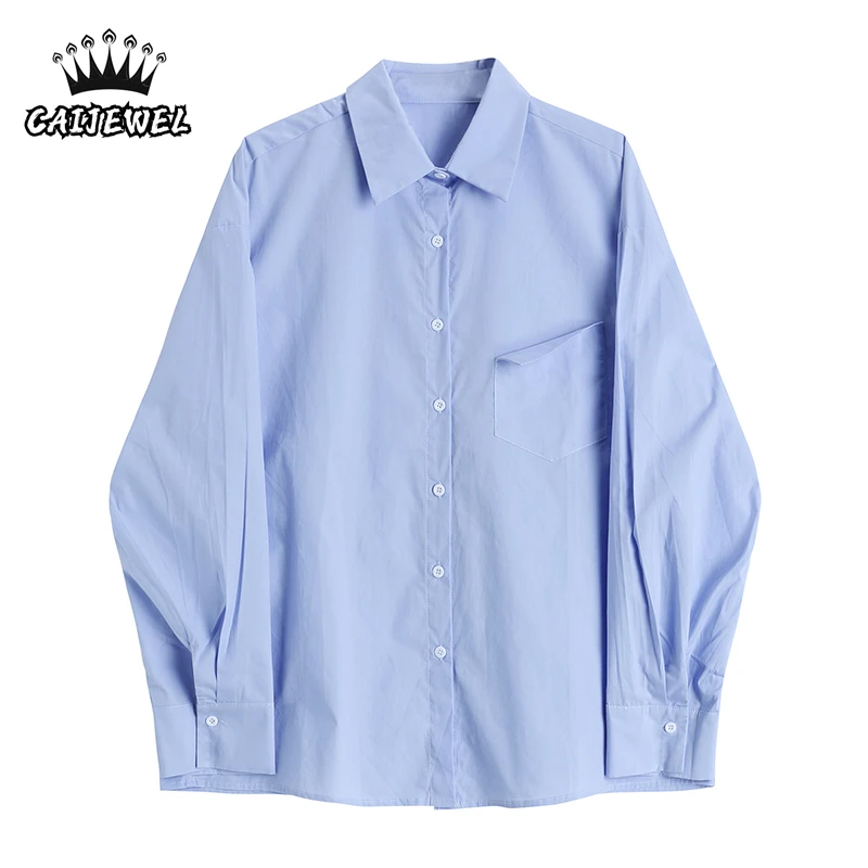 

Women Button 2022 Summer Blue Streetwear Long Sleeve Suit Collar Shirts TOP Sense of Design Korean Fashion Baggy Ladies Blouse