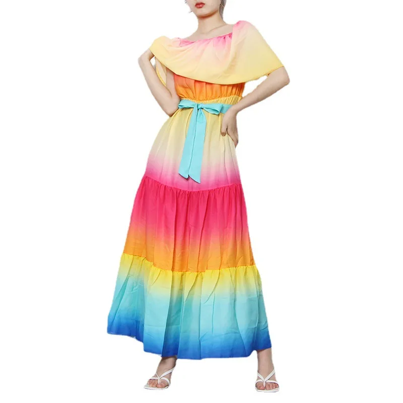 

Fashion Casual Contrast Color Off Neck Dress 2021 Summer High Waist Slim Waist Dress Female Lace Up Large Swing Dress