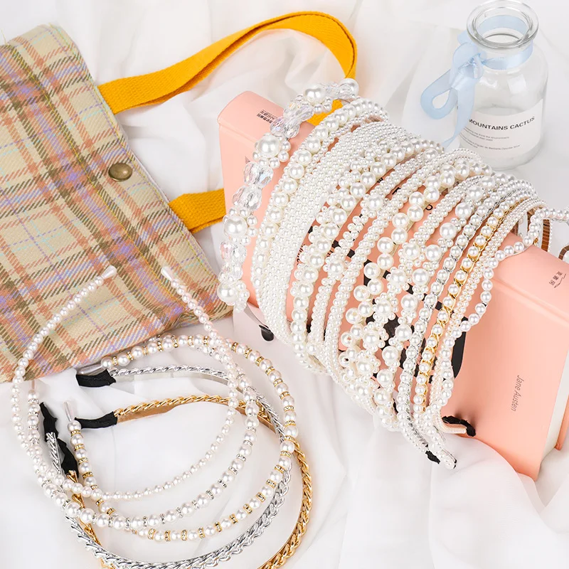 

16 Style Simulated-pearl Hairbands Women Girls Braided Layered Headband Sweet Head Hoop Wedding Ornaments Fashion Hair Holder