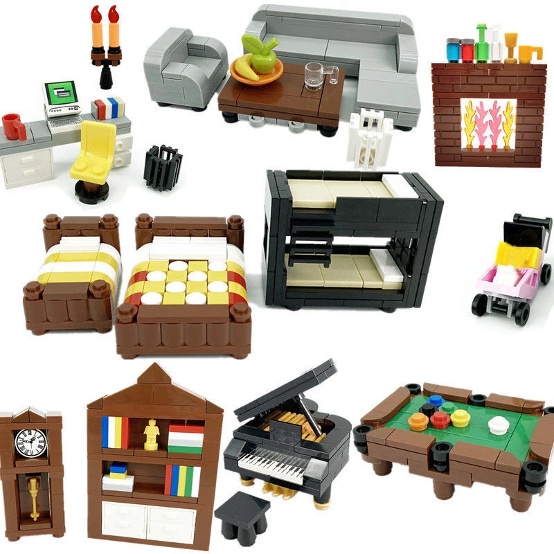 

MOC Accessories City Sofa TV Furniture Building Blocks Street View kitchen Billiard Table Bricks Modle Toys For Kid Xmas Gift