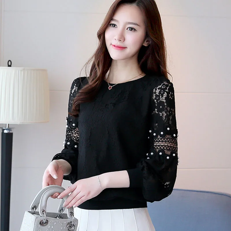 2021 Сезон весна-осень Женская длинный рукав-фонарик кружеваное блузки дамские