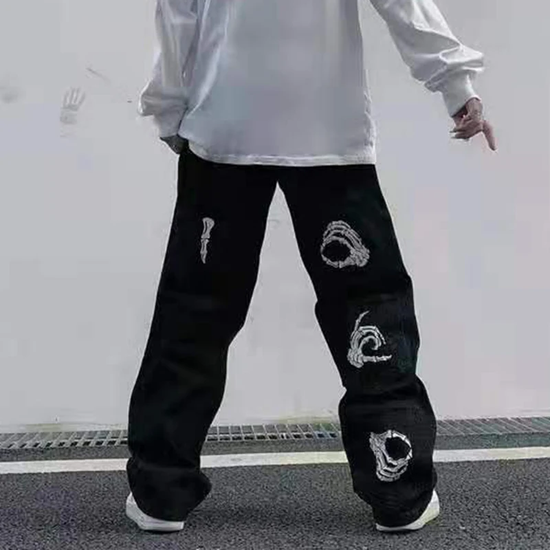 

Harajuku Back Hand Print Black Mens Jeans Pants Streetwear Oversize Straight Baggy Casual Denim Trousers Harajuku Couple Jean