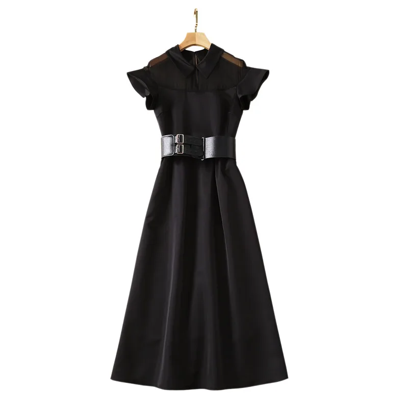 

Черное деловое офисное платье, прозрачное Сетчатое платье-трапеция средней длины с оборками на плечах, широким кожаным поясом и застежкой