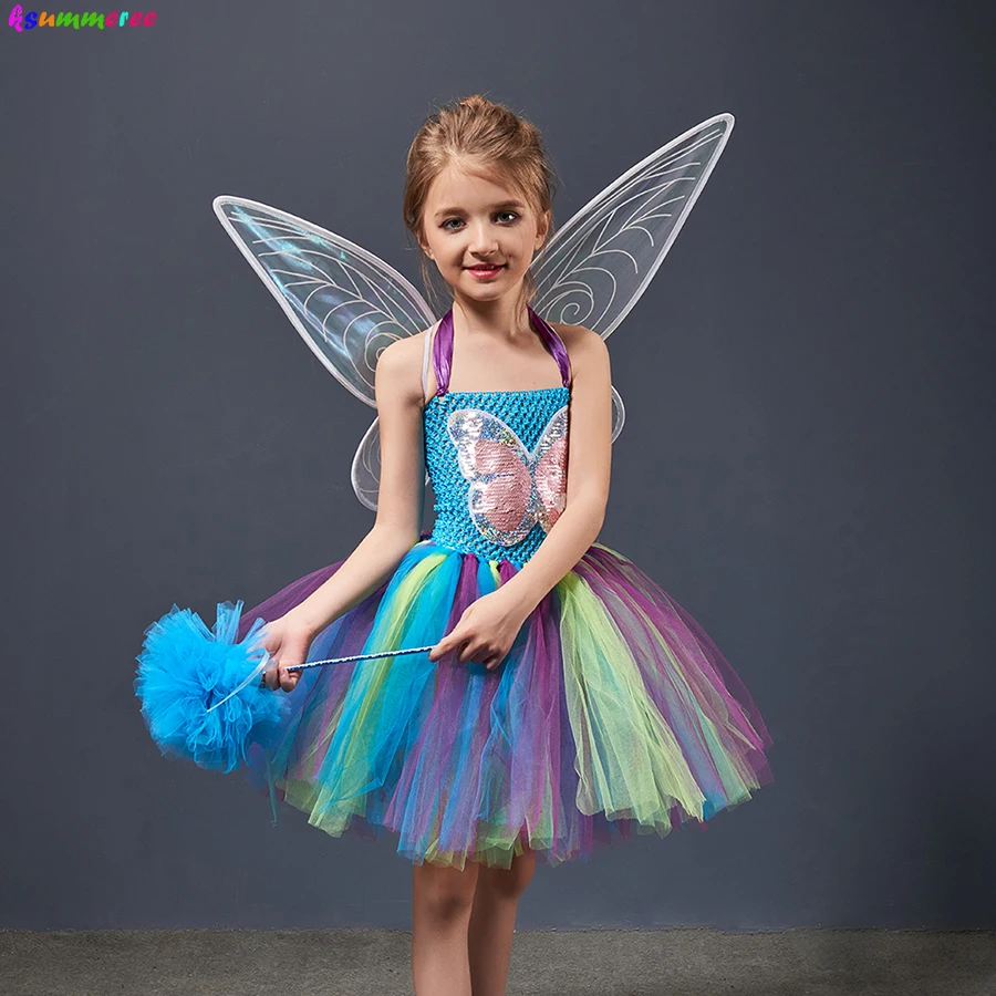 

Princess Fairy Girls Butterfly Tutu Dress with Wings Elf Angel Butterfly Halloween Fancy Dresses Birthday Party Ballet Vestidos