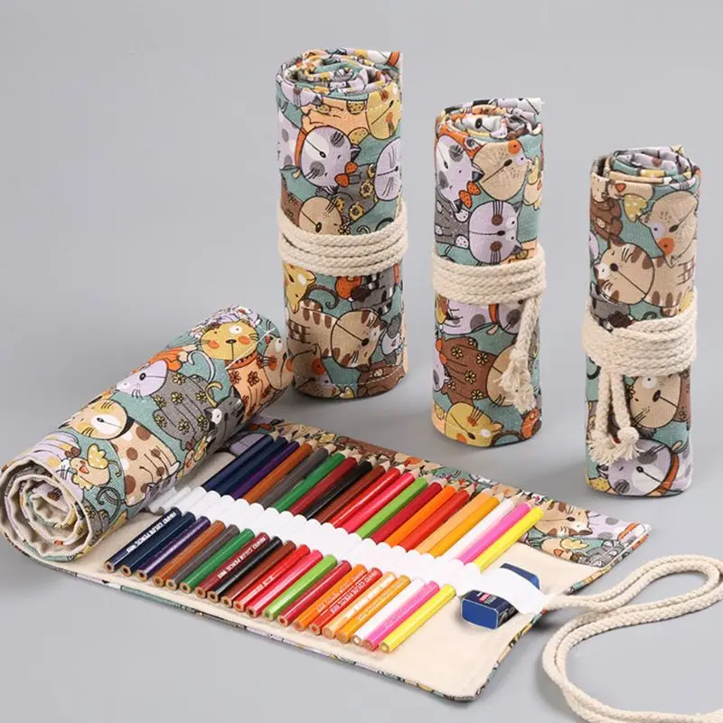 Cartoon Cat 12/24/36/48/72 Holes Canvas Roll Pen Curtain Pencil Bag Case Makeup Wrap Holder Storage Pouch School Supplies | Канцтовары
