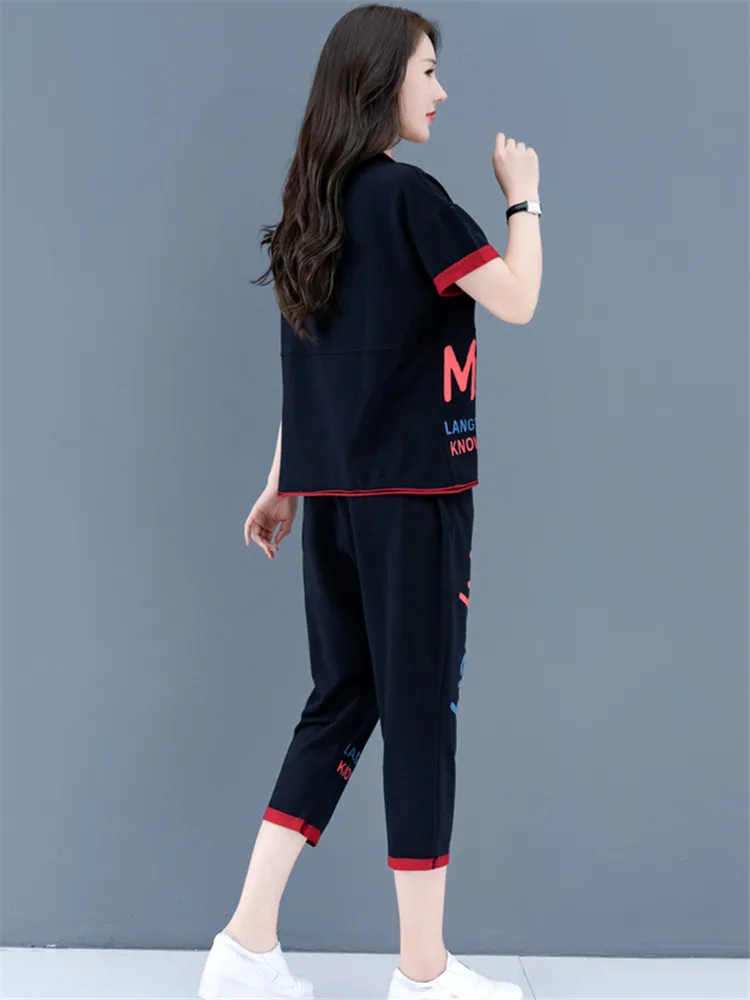 

Large Size Summer Loose Two-Piece Female Round Neck Print Pullover T-Shirt + Elastic Waist Cropped Sweatpants Fashion Suit Women