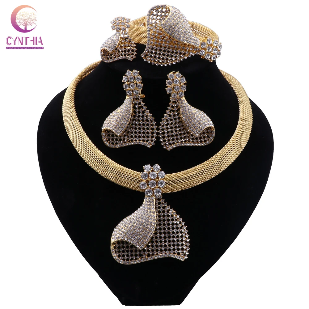 Роскошные нигерийские Ювелирные наборы CYNTHIA из Дубая для женщин Свадебные комплекты золотого цвета ожерелье серьги браслет кольцо