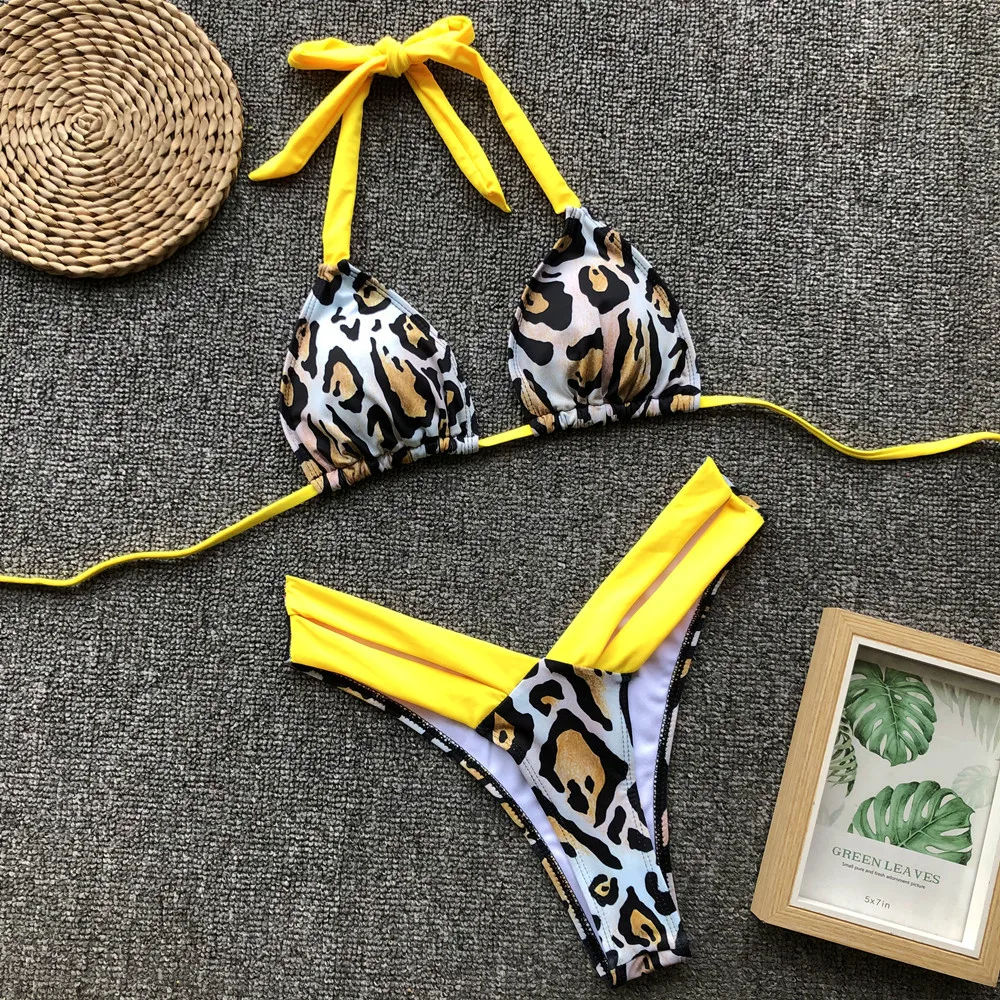 

Women Sexy Patchwork Leopard Print Push Up Bikini 2019 New Arrival Beachwear Halter Bandage Swimwear Female Swimsuit