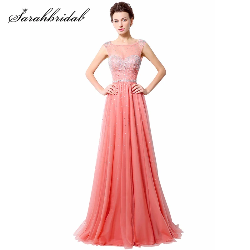 

New Classic Sexy Back 2021 Women Evening Dresses Elegant Scoop Crystal Floor Length Tulle Celebrity Gowns Robe De Soiree LX022