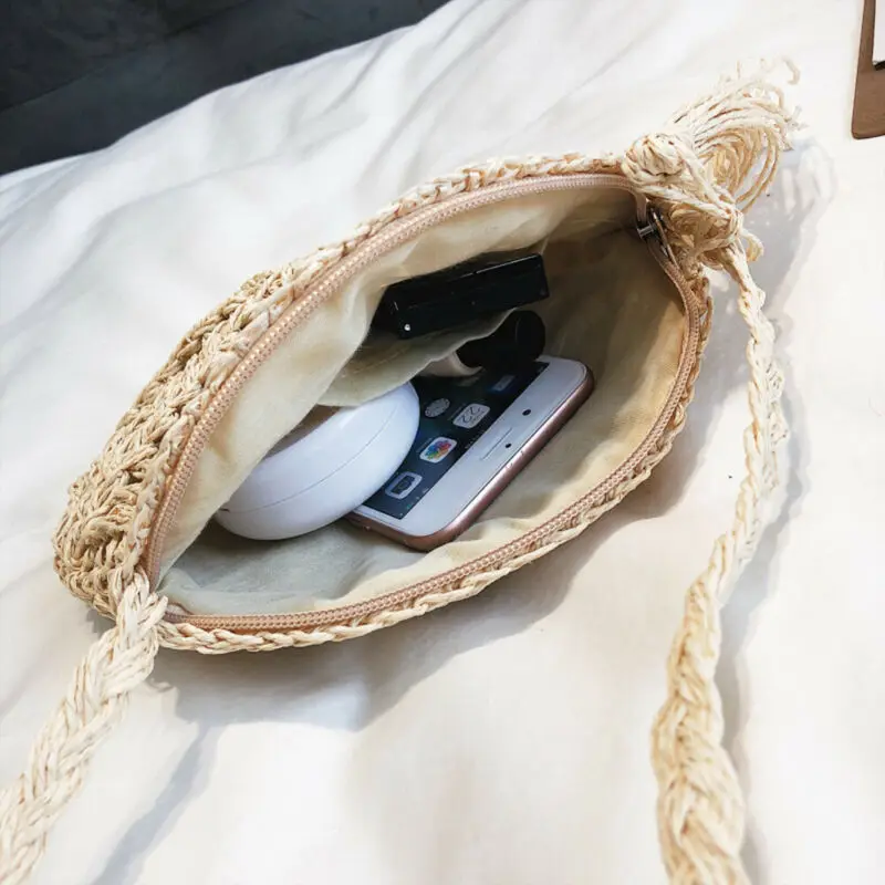 Женская круглая соломенная сумка из ротанга пляжная вязаная через плечо