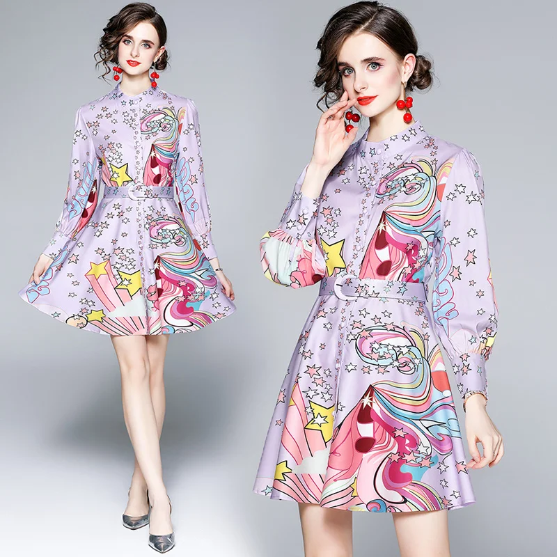 

COIGARSAM Women Dress Autumn 2021 Office Lady Print Full Sleeve O-Neck Purple Dresses Traf Robe Vestidos