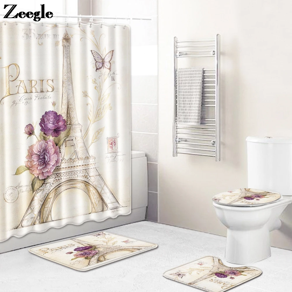 

Printed Bath Mat and Waterproof Shower Curtain Set Bath Floor Rug Anti Slip Toilet Seat Cover Mat Microfiber Bathroom Carpet