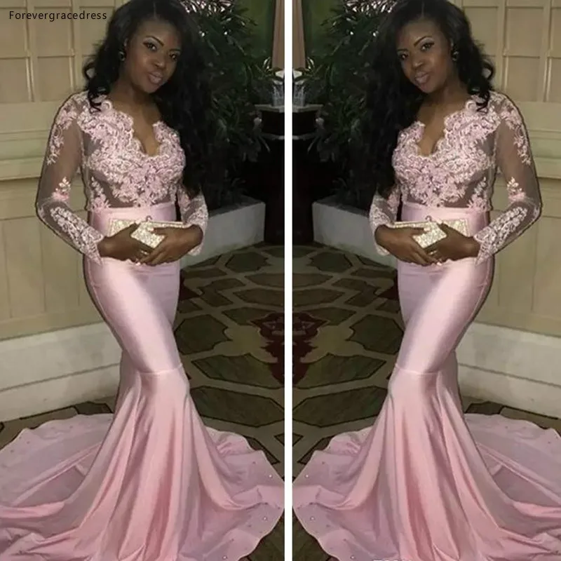 

Pink Mermaid Lace Long Sleeves Prom Dress Sexy African Sheer Bodice Party Gown Custom Made Plus Size