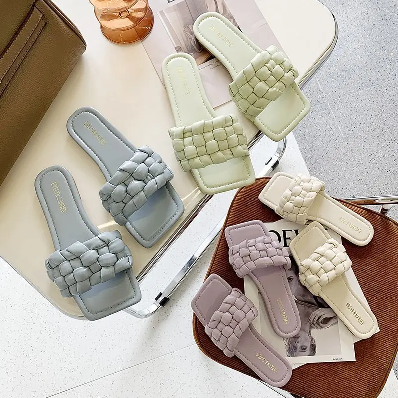 

Soft Bottom Weave Slippers Women Comfortable Home Bathroom Non-slip Slippers Woman Wear Resisting Slides Beach Shoes