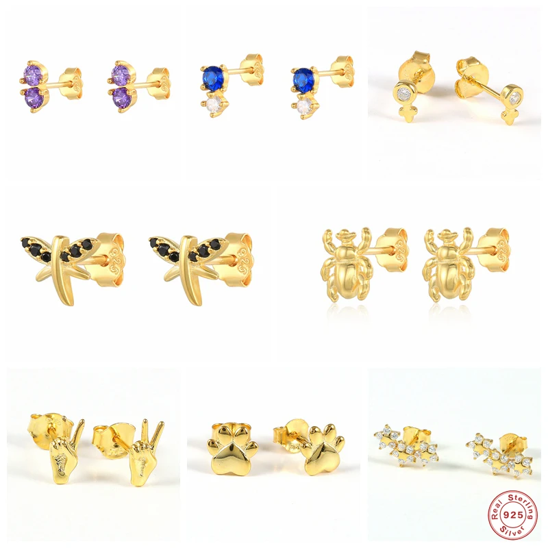 

Aide 925 Sterling Silver Purple Black Zircon Dragonfly Spider Stud Earrings For Women Hand Gesture Ear Studs Rock Punk Jewelry