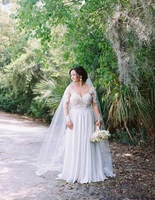 modest design plus size bohemian wedding dresses lace long sleeve sheer neckline a line beach chiffon side split wedding dress