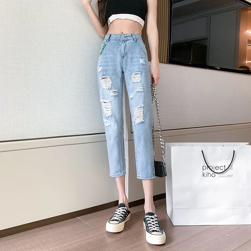 

New Summer Thin Calf Length Loose Women Jeans High Waist Ripped Holes Beggar Streetwear Denim Trousers For Girls Boyfriend 2021