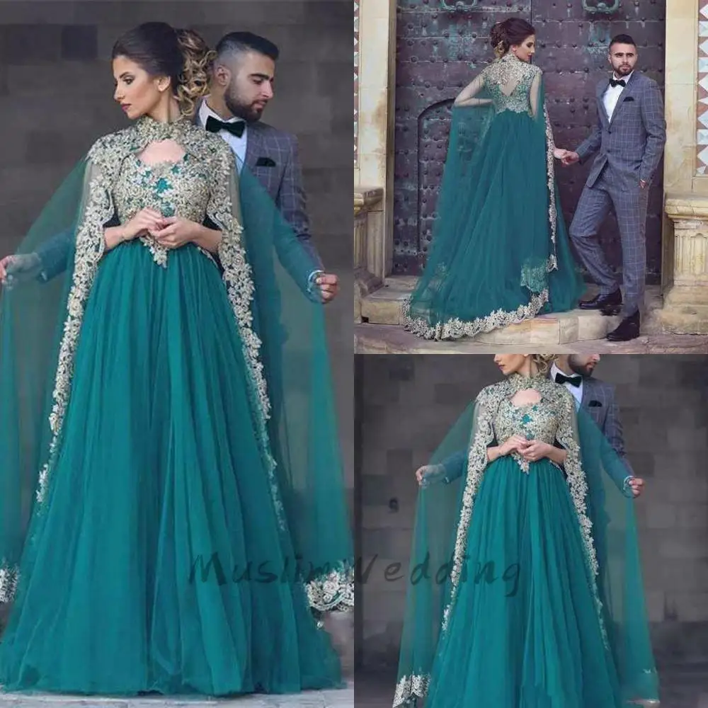 

Vintage Green Muslim Evening Dress With Caped Wrap A Line Gold Appliques Long Prom Dresses 2020 Dubai Turish Caftan Abaya Party