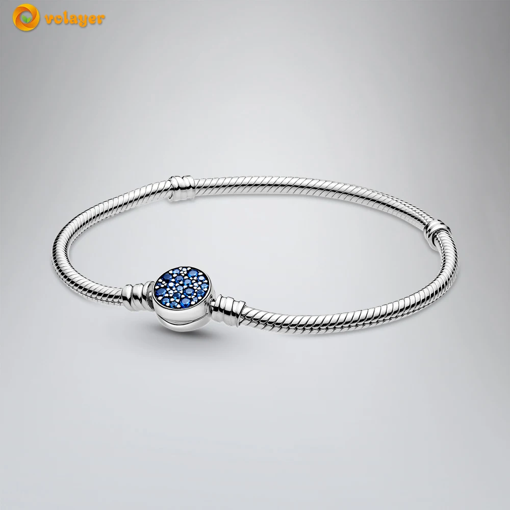 

Volayer 925 Sterling Silver Moments Sparkling Blue Disc Clasp Snake Bracelet Friendship Bangles for Women Jewelry Gift