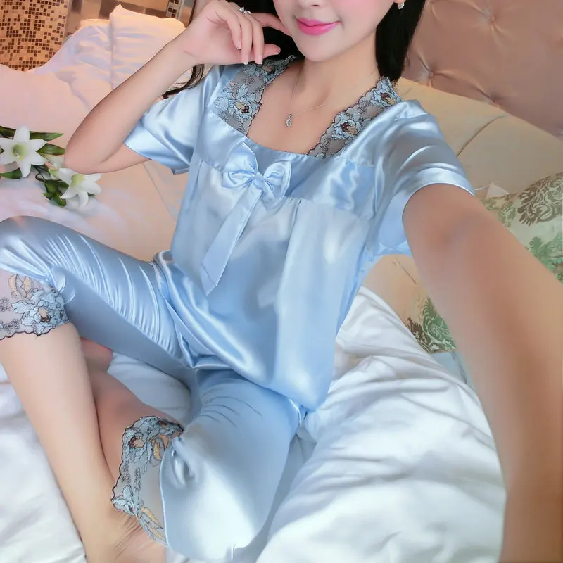 2021 Summer Korean Version Suit Women's Thin Short Sleeve Ice Lace Sexy Pajamas Two Piece Suit Household Clothes Sleepwear