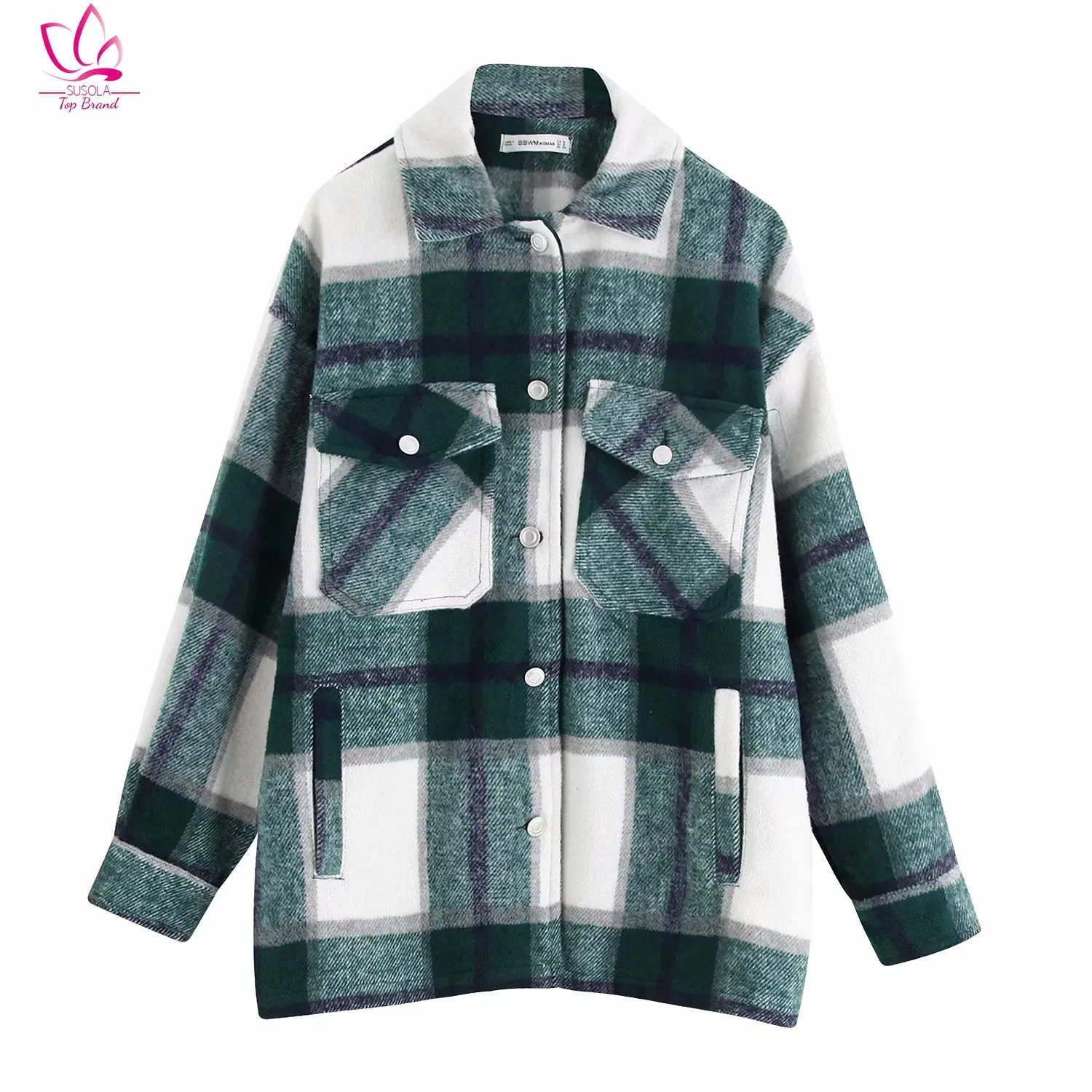 

Plaid Overshirt Wool Blend Jacket Vintage Stylish Pockets Fashion Lapel Collar Long Sleeve Coat Casual Ladies Jacket Chic Tops